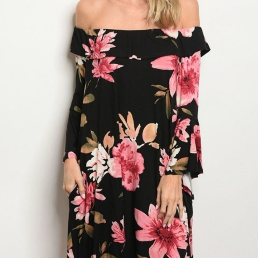 Black Floral Off The Shoulders Dress